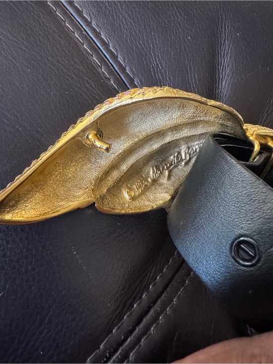 Black Leather Belt with Gold Leaf Buckle